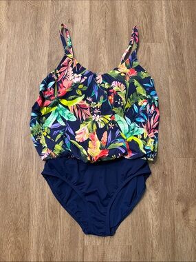 LANDS' END Slender Blouson One Piece Swimsuit Size 12 Underwire Tropical Floral